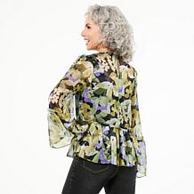 "As Is" DG2 by Diane Gilman Crinkle Chiffon Bell Sleeve Blouse