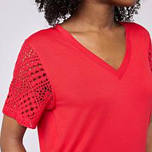 "As Is" DG2 by Diane Gilman Crochet Lace V-Neck Tee
