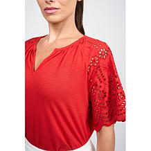 "As Is" DG2 by
Diane Gilman Embroidered Eyelet Sleeve Mixed Media Tee