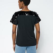 "As Is" DG2 by Diane Gilman Everyday Jersey Paillette Yoke Knit Top