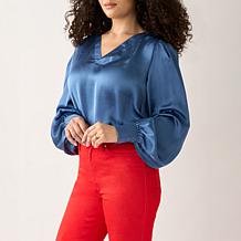 "As Is" DG2 by Diane Gilman Hammered Satin Draped Sleeve Blouse