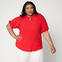 "As Is" DG2 by Diane Gilman Knit Plisse Short Sleeve Ruffle Top