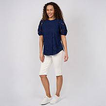 "As Is" DG2 by Diane Gilman Lace Eyelet Embroidered Puff-Sleeve Top