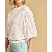 "As Is" DG2 by Diane Gilman Lace-Front 3/4 Lantern Sleeve Blouse