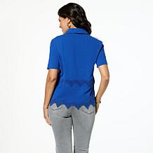 "As Is" DG2 by Diane Gilman Lace Inset Knit Button-Up Shirt