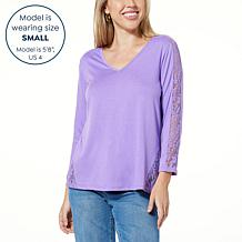 "As Is" DG2 by Diane Gilman Lace Inset V-Neck Top