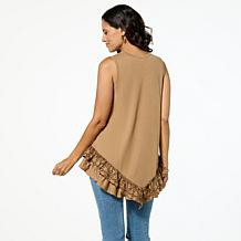 "As Is" DG2 by Diane Gilman Mixed Media Eyelet Knit Ruffled Tank