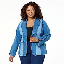 "As Is" DG2 by Diane Gilman New Clssic Stretch Denim Colorblock Blazer