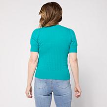 "As Is" DG2 by Diane Gilman Pointelle SoftEase Knit Puff-Sleeve Swe...