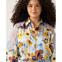 "As Is" DG2 by Diane Gilman Printed Satin Blouse with Lace Detail