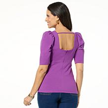 "As Is" DG2 by Diane Gilman Ruched Puff-Sleeve Top