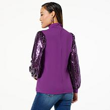 "As Is" DG2 by Diane Gilman Sequin Sleeve Mock-Neck Top