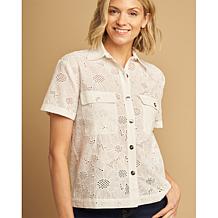 "As Is" DG2 by Diane Gilman Short-Sleeve Button Front Eyelet Top