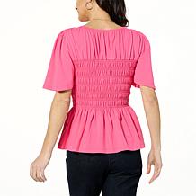 "As Is" DG2 by Diane Gilman Smocked Bodice Flutter-Sleeve Top