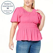 "As Is" DG2 by Diane Gilman Smocked Bodice Flutter-Sleeve Top