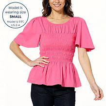 "As Is" DG2 by Diane Gilman Smocked Bodice Flutter-Sleeve Top