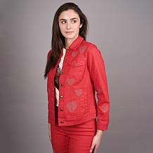 "As Is" Diane Gilman New Classic Stretch Heart Studded Denim Jacket
