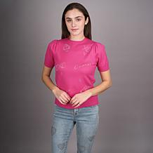 "As Is" Diane Gilman Softease Embellished Puff Sleeve Sweater