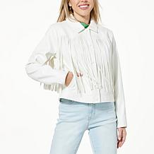 "As Is" G by Giuliana Black Label Faux Leather Graphic Fringe Jacket