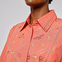 "As Is" G by Giuliana Embroidered Bib Woven Button Front Shirt