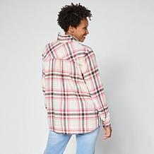 "As Is" HUE Plaid Flannel Button-Down Hi-Low Hem Shirt