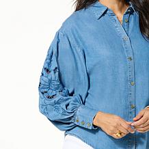 "As Is" Jaclyn Smith Embroidered Cutout Button-Up Poplin Shirt