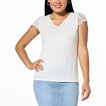 "As Is" Lacey Chabert Lace Cap-Sleeve Slub Knit Top