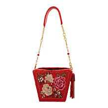 "As Is" Mary Frances Scarlet Bloom Hand-Beaded Top Handle Bag