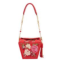 "As Is" Mary Frances Scarlet Bloom Hand-Beaded Top Handle Bag
