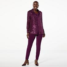 "As Is" Nina Leonard 3-piece Sequined Button-Front Top, Tank and Pa...