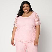 "As Is" Nina Leonard Border Lace Elbow Sleeve Top