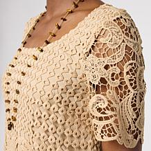 "As Is" Nina Leonard Border Lace Elbow Sleeve Top