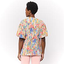 "As Is" Nina Leonard Print Textured Wave Bubble-Sleeve Shirt