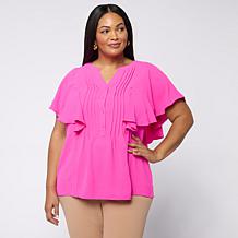 "As Is" Nina Leonard Textured Wave Flutter-Sleeve Mandarin Collar B...