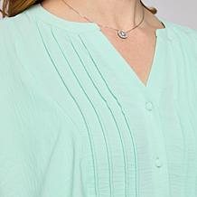 "As Is" Nina Leonard Textured Wave Flutter-Sleeve Mandarin Collar B...