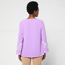 "As Is" Nina Leonard Textured Wave Knit Embroidered Bell-Sleeve Top