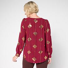 "As Is" Nina Leonard Textured Wave Sequined Balloon Sleeve Top