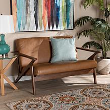 Bianca Walnut Brown Finished Wood and Tan Faux Leather Effect Loveseat