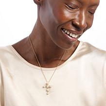 Bright Halo Lab-Grown Diamond & Cultured Pearl Cross Pendant Necklace