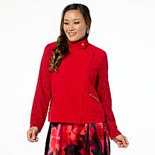 C Wonder by Christian Siriano Lace Sleeve Crepe Knit Moto Jacket