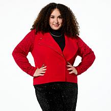 C Wonder Lace Sleeve Crepe Knit Moto Jacket