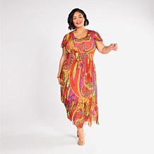 C Wonder Mesh Printed Flutter Sleeve Tiered Dress