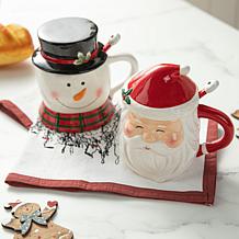 Christmas Ceramic Santa and Snowman Mug with Lid and Spoon - Set of 2