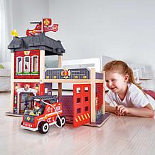City Fire Station Dollhouse Wooden 13 Piece Lights and Sounds Playset