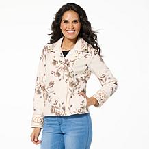 Colleen Lopez Embroidered Faux Leather and Print Moto Jacket