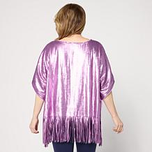 Colleen Lopez Knit Sequin V-Neck Top with Fringe