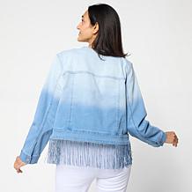Colleen Lopez Ombre Denim Fringe Trim Button-Front Jacket
