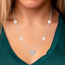 Cultured Pearl and Created Sapphire Quatrefoil Station Necklace