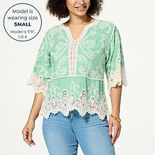 Democracy Embroidered Crochet Trim Peplum Top
