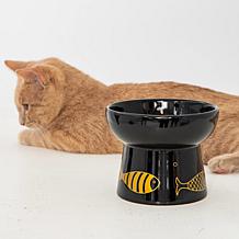 Dexypaws: Elevated 7oz Feeding Dish Ceramic Cat Bowl, White/Navy Fish